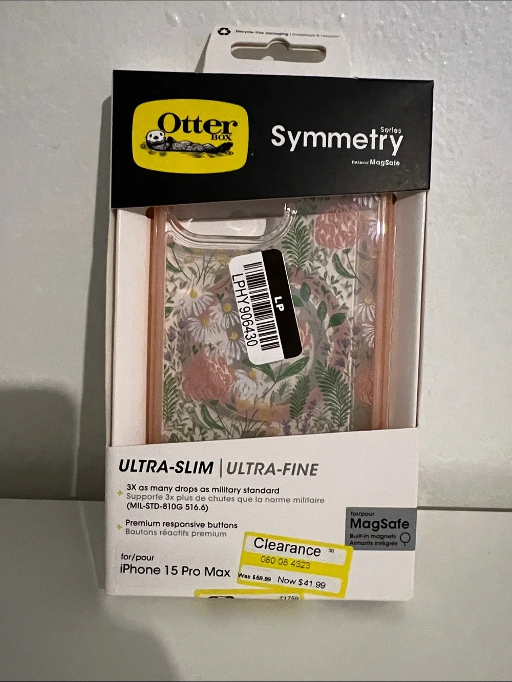 OtterBox Symmetry Series Clear Floral Case with Pink Trim for iPhone 15 Pro Max